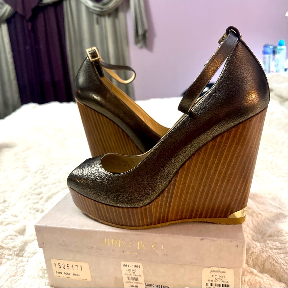 New Jimmy Choo! Beautiful, brown/copper wedge peep toe with ankle strap size 10